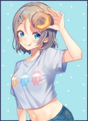 Rule 34 | 1girl, :q, blue background, blue border, blue eyes, blue shirt, blush, border, character print, denim, doughnut, food, food on face, grey hair, hair ornament, hairclip, hairpin, holding, holding food, love live!, love live! sunshine!!, midriff, moyui (myi 005), navel, polka dot, polka dot background, shirt, short hair, short sleeves, smile, solo, t-shirt, tongue, tongue out, uchicchii, watanabe you