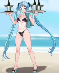 Rule 34 | 1girl, aqua hair, aqua nails, aruman, beach, bikini, black bikini, blue sky, blurry, blurry background, bottle, breasts, cloud, cocktail glass, colored shoe soles, commentary, cup, drinking glass, full body, grin, hands up, hatsune miku, high heels, highres, holding, holding tray, horizon, large breasts, legs, long hair, looking at viewer, nail polish, navel, ocean, outdoors, paid reward available, sandals, sky, smile, solo, standing, swimsuit, toenail polish, toenails, toes, towel on one shoulder, tray, trembling, twintails, variant set, very long hair, vocaloid, wine bottle