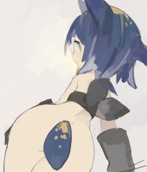 Rule 34 | 1girl, animal ears, ass, bandeau, bare shoulders, black bandeau, black gloves, blue eyes, blue hair, bottomless, closed mouth, commentary request, gloves, hair between eyes, long hair, looking at viewer, looking back, original, pappii (paprika shikiso), paprika shikiso, profile, sketch, solo, tail