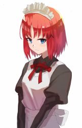 Rule 34 | 1girl, apron, blue eyes, closed mouth, highres, hisui (tsukihime), juliet sleeves, konakuso, long sleeves, looking at viewer, maid, maid headdress, pink hair, puffy sleeves, short hair, simple background, solo, tsukihime, upper body, v arms, white apron, white background