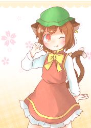Rule 34 | 1girl, :p, amboina, animal ears, brown hair, cat ears, chen, commentary request, earrings, green hat, hat, highres, jewelry, long sleeves, mob cap, multiple tails, nekomata, one eye closed, short hair, single earring, solo, tail, tongue, tongue out, touhou, two tails