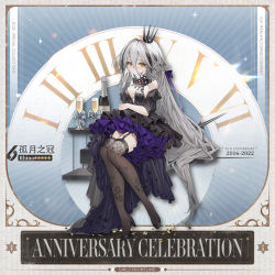 Rule 34 | 1girl, alcohol, anniversary, arm behind back, artist request, black dress, black footwear, black thighhighs, bottle, breasts, champagne, champagne bottle, champagne flute, character name, chinese text, closed mouth, copyright name, crown, cup, dial, dress, drinking glass, floral print, full body, garter straps, girls&#039; frontline, glass, grey hair, hair ornament, hair ribbon, high heels, jewelry, legs, long hair, looking at viewer, multicolored hair, necklace, official alternate costume, official art, promotional art, purple ribbon, rhino (girls&#039; frontline), rhino (lunar crown) (girls&#039; frontline), ribbon, simple background, sitting, sitting on stairs, small breasts, solo, stairs, streaked hair, thighhighs, yellow eyes