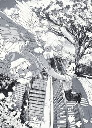 Rule 34 | 1boy, 1girl, angel, angel wings, apron, cherry blossoms, dress, flying, frilled dress, frills, gloves, greyscale, halo, highres, holding hands, looking at another, monochrome, open mouth, original, outdoors, petals, railing, rooftop, school uniform, sky, smile, stairs, tree, wings, wolrero