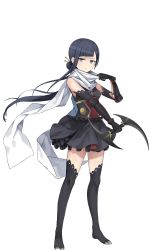 Rule 34 | 1girl, black gloves, black hair, black skirt, black thighhighs, blue eyes, blunt bangs, frilled skirt, frills, full body, gloves, hair ornament, hair stick, hand up, highres, holding, holding weapon, long hair, looking at viewer, no shoes, oboro (princess principal), official art, princess principal, princess principal game of mission, scarf, simple background, skirt, solo, standing, thighhighs, transparent background, weapon, white scarf