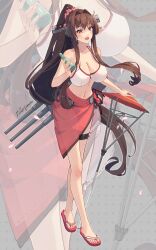 Rule 34 | 1girl, alternate costume, bare shoulders, bikini, blush, breasts, brown hair, cleavage, collarbone, crossed legs, full body, hair intakes, highres, himeyamato, kantai collection, large breasts, long hair, looking at viewer, navel, open mouth, ponytail, purple eyes, sandals, shoes, sidelocks, smile, sneakers, swimsuit, toes, umbrella, very long hair, watson cross, white bikini, yamato (kancolle)