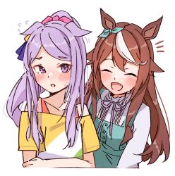 Rule 34 | 2girls, alternate hairstyle, animal ears, bare shoulders, blush, bow, brown hair, closed eyes, collarbone, cosplay, costume switch, dress, ear bow, flying sweatdrops, green dress, hairstyle switch, highres, horse ears, long hair, looking at viewer, mejiro mcqueen (umamusume), multicolored hair, multiple girls, neck, notice lines, off-shoulder shirt, off shoulder, open mouth, pinafore dress, pink ribbon, ponytail, purple eyes, purple hair, ribbon, shiromoca, shirt, shorts, simple background, sleeveless, sleeveless dress, smile, streaked hair, striped clothes, striped shirt, sweatdrop, tank top, tokai teio (umamusume), umamusume, upper body, white background, white shirt, yellow shorts