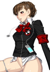 Rule 34 | 1girl, armband, atlus, blush, bottomless, breasts, brown hair, female focus, hair ornament, hairclip, kansuke, panties, persona, persona 3, persona 3 portable, pussy juice, red eyes, shiomi kotone, simple background, solo, sweat, underwear, white background