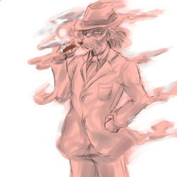 Rule 34 | 1boy, alternate costume, bad id, bad pixiv id, cigar, contemporary, facial hair, fedora, formal, hat, male focus, manly, mimidori, monochrome, mustache, necktie, old, old man, personification, red theme, smoke, solo, suit, touhou, unzan
