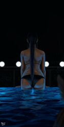 Rule 34 | absurdres, artist name, ass, bikini, black bikini, blue hair, cameltoe, facing ahead, from behind, highres, hololive, hololive english, lamp, long hair, night, night sky, ouro kronii, partially submerged, ponytail, pool, reflection, reflective water, sky, solo, steb, swimsuit, virtual youtuber