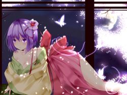 Rule 34 | 1girl, absurdres, bad id, bad pixiv id, bare shoulders, bow, breasts, bug, butterfly, cherry blossoms, cleavage, female focus, fingernails, flower, full moon, hair flower, hair ornament, hieda no akyuu, highres, bug, japanese clothes, large breasts, legs, lipstick, makeup, moon, nail, nail polish, night, off shoulder, petals, purple eyes, purple hair, revision, short hair, solo, suzuchi1218, touhou, undressing