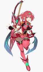 Rule 34 | 1girl, aegis sword (xenoblade), black gloves, breasts, chest jewel, earrings, fingerless gloves, gem, gloves, headpiece, highres, jewelry, kinagi (3307377), large breasts, looking at viewer, pyra (xenoblade), red eyes, red hair, red shorts, short hair, short shorts, shorts, solo, swept bangs, sword, thighhighs, tiara, weapon, xenoblade chronicles (series), xenoblade chronicles 2