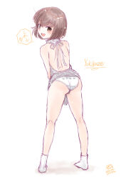Rule 34 | 1girl, ass, backless dress, backless outfit, bare back, brown eyes, brown hair, character name, dress, from behind, kantai collection, koshigaya tatsumi, leaning forward, looking at viewer, meme attire, naked sweater, panties, short hair, simple background, socks, solo, standing, sweater, sweater dress, turtleneck, turtleneck sweater, underwear, virgin killer sweater, white background, white panties, white socks, yukikaze (kancolle)