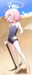 Rule 34 | 1girl, absurdres, abydos high school swimsuit, ahoge, bare arms, bare legs, bare shoulders, barefoot, black one-piece swimsuit, blue archive, blue eyes, blue sky, commentary, covered navel, day, fang, flat chest, from side, full body, halo, hand on own hip, highres, holding, holding pickaxe, honi (honi1010), hoshino (blue archive), hoshino (young) (blue archive), huge ahoge, lens flare, looking afar, looking ahead, one-piece swimsuit, open mouth, outdoors, pickaxe, pink halo, sand, school swimsuit, short hair, skin fang, sky, smile, solo, standing, sweat, swimsuit, symbol-only commentary