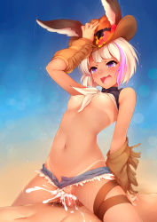Rule 34 | 1boy, 1girl, animal ears, bikini tan, blush, breasts, chloe (granblue fantasy), clothed female nude male, clothes lift, clothing aside, cowgirl position, cum, cum explosion, cum in pussy, dark-skinned female, dark skin, denim, denim shorts, drooling, ears through headwear, girl on top, granblue fantasy, happy sex, heart, heart-shaped pupils, hetero, highres, male pubic hair, micro shorts, navel, nipples, nude, open fly, open mouth, penis, pubic hair, pussy, rabbit ears, ricegnat, saliva, sex, shirt lift, shorts, shorts aside, small breasts, solo focus, straddling, symbol-shaped pupils, tan, tanline, thigh strap, tongue, tongue out, unbuttoned, uncensored, vaginal
