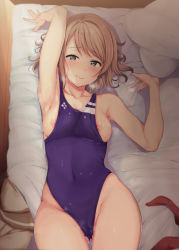 Rule 34 | 10s, 1girl, alp, areola slip, armpits, bed, blouse, blue eyes, blue one-piece swimsuit, blurry, blush, breasts, brown hair, clothes pull, commentary request, competition swimsuit, covered navel, depth of field, from above, gluteal fold, half-closed eyes, head tilt, highleg, highleg swimsuit, highres, looking at viewer, love live!, love live! school idol project, love live! sunshine!!, lying, medium breasts, nipple slip, nipples, on back, one-piece swimsuit, one-piece swimsuit pull, pussy juice, school swimsuit, school uniform, serafuku, shiny skin, shirt, short hair, smile, solo, sweat, swept bangs, swimsuit, thighs, watanabe you, white shirt, wide hips