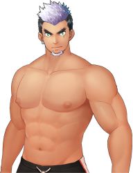Rule 34 | 1boy, abs, bara, black hair, black pants, dark-skinned male, dark skin, facial hair, goatee, green eyes, gyee, large pectorals, looking at viewer, male focus, masayoshi togashi (alu379), mature male, multicolored hair, muscular, muscular male, navel, nipples, official art, pants, pectorals, purple hair, scar, scar across eye, scar on face, short hair, solo, stomach, topless male, transparent background, two-tone hair, yan (gyee)