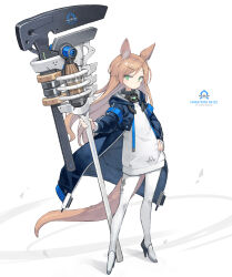 Rule 34 | 1girl, adjustable wrench, animal ear fluff, animal ears, armband, blue armband, blue coat, closed mouth, coat, collar, commentary request, english text, full body, green eyes, half updo, hand on own hip, hand up, high heels, highres, holding, holding wrench, hood, hooded coat, kangaroo ears, kangaroo girl, light brown hair, long hair, long shirt, long sleeves, looking at viewer, metal collar, open clothes, open coat, original, oversized object, pantyhose, parted bangs, pipe wrench, poco (asahi age), puffy long sleeves, puffy sleeves, shirt, sideways glance, simple background, slit pupils, solo, standing, tail, underwear, white background, white pantyhose, white shirt, wrench, zipper
