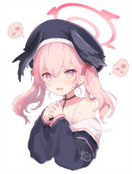 Rule 34 | 1girl, bare shoulders, beret, bird wings, blue archive, blush, flower, hair ornament, halo, hat, head wings, heart, highres, koharu (blue archive), konayama kata, long hair, own hands clasped, own hands together, pink eyes, pink hair, rose, short twintails, signature, solo, thinking, thought bubble, twintails, white background, wings
