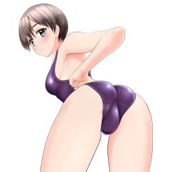 Rule 34 | 1girl, absurdres, ass, black hair, competition swimsuit, crotch seam, from behind, grey eyes, highres, leaning forward, looking at viewer, looking back, one-piece swimsuit, original, parted lips, purple one-piece swimsuit, short hair, solo, standing, swimsuit, takafumi