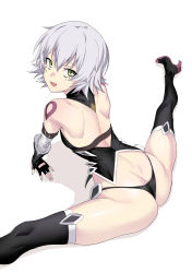 Rule 34 | 1girl, absurdres, arm strap, arm support, ass, bandaged arm, bandages, bare shoulders, black gloves, black panties, black thighhighs, boots, breasts, butt crack, curvy, dimples of venus, fate/apocrypha, fate (series), female focus, fingerless gloves, from above, from behind, gloves, green eyes, hair between eyes, high heel boots, high heels, highres, huge ass, jack the ripper (fate/apocrypha), leaning forward, looking at viewer, looking back, looking up, open mouth, panties, scar, scar across eye, scar on face, shiny skin, short hair, shoulder blades, silver hair, simple background, sitting, small breasts, solo, split, spread legs, tail, tattoo, thigh boots, thighhighs, thong, ulrich (tagaragakuin), underwear, weapon, white background