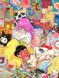 Rule 34 | 1boy, 1girl, bad id, bad twitter id, black hair, blanket, book, bracelet, cellphone, character request, cigarette, closed eyes, copyright request, covered face, food, glasses, headphones, hello kitty, highres, indoors, jewelry, long hair, lying, nintendo switch, on back, open book, original, pants, phone, pillow, pink hair, pocky, poster (object), reading, red-framed eyewear, ring 411, sanrio, shirt, short hair, short sleeves, smartphone, smoking, tagme, tattoo, topless male, white shirt, yellow pants