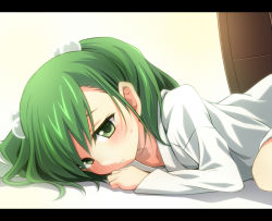 Rule 34 | 1girl, blush, female focus, green eyes, green hair, hair bobbles, hair ornament, kisume, letterboxed, lying, matching hair/eyes, shirt, short hair, solo, sui. (ayase), touhou, twintails, white shirt