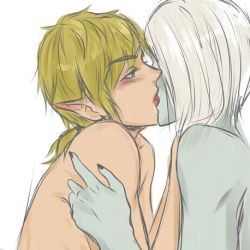 Rule 34 | 2boys, artist request, bare shoulders, black nails, blonde hair, blue eyes, blush, colored skin, couple, crossover, french kiss, ghirahim, grey skin, half-closed eyes, kiss, link, looking at another, lowres, male focus, multiple boys, nail polish, nintendo, nude, short ponytail, the legend of zelda, the legend of zelda: breath of the wild, the legend of zelda: skyward sword, upper body, white hair, yaoi