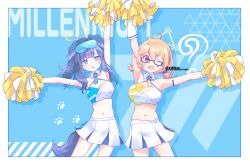 Rule 34 | 2girls, ;d, ahoge, animal ears, arm up, armpits, bare shoulders, blonde hair, blue archive, blue bow, bow, breasts, cheering, cheerleader, choker, crop top, dog ears, dog girl, dog tail, eyewear on head, glasses, goggles, goggles on head, halo, hibiki (blue archive), hibiki (cheer squad) (blue archive), highres, holding, holding pom poms, kotori (blue archive), kotori (cheer squad) (blue archive), kyuuri (miyako), long hair, looking at viewer, medium breasts, midriff, millennium cheerleader outfit (blue archive), miniskirt, multiple girls, navel, one eye closed, open mouth, pleated skirt, pom pom (cheerleading), pom pom (clothes), pom poms, purple eyes, red eyes, semi-rimless eyewear, shirt, short hair, skirt, sleeveless, sleeveless shirt, smile, star sticker, sticker on face, sunglasses, tail, under-rim eyewear, white skirt, yellow halo