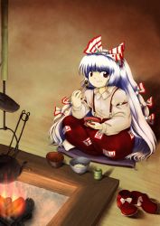Rule 34 | 1girl, blunt bangs, bow, bowl, buttons, chopsticks, collared shirt, commentary request, cup, cushion, eating, fire, food, fujiwara no mokou, hair bow, highres, holding, holding bowl, holding chopsticks, indian style, indoors, irori (hearth), jizaikagi, long hair, long sleeves, looking at viewer, ofuda, ofuda on clothes, on floor, pants, parasite oyatsu, red eyes, red pants, rice, shirt, shoes, unworn shoes, sitting, sleeve garter, socks, solo, suspenders, teapot, touhou, very long hair, wavy mouth, white bow, white shirt, white socks, yunomi, zabuton, zun (style)