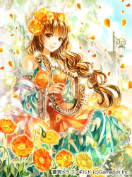 Rule 34 | 1girl, acrylic paint (medium), braid, braided ponytail, brown eyes, brown hair, collarbone, copyright name, copyright request, day, detached sleeves, floating hair, flower, frills, head wreath, holding, holding instrument, instrument, long hair, long skirt, looking at viewer, orange flower, outdoors, painting (medium), petals, ponytail, rioka (southern blue sky), single braid, skirt, smile, solo, sparkle, traditional media, very long hair