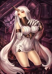 Rule 34 | 10s, 1girl, abyssal ship, blush, breasts, claws, detached sleeves, dress, female focus, horns, kaizeru, kantai collection, large breasts, long hair, looking at viewer, red eyes, ribbed dress, seaport princess, short dress, sideboob, single horn, solo, very long hair, white hair