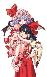 Rule 34 | 2girls, :&gt;, absurdres, bare arms, bat wings, blue hair, bow, brown eyes, brown hair, carrying over shoulder, closed mouth, commentary request, cowboy shot, detached sleeves, dot nose, dress, embodiment of scarlet devil, fingernails, footwear bow, full body, glaring, hakama, hakurei reimu, half-closed eyes, hand on another&#039;s shoulder, hand on own hip, hat, highres, japanese clothes, legs together, long sleeves, looking at viewer, mob cap, multiple girls, nail polish, ndasuzu (n64qd11), open mouth, pink dress, puffy short sleeves, puffy sleeves, red bow, red eyes, red hakama, red nails, red skirt, red vest, remilia scarlet, ribbon-trimmed sleeves, ribbon trim, short hair, short sleeves, simple background, skirt, skirt set, slit pupils, standing, touhou, vest, white background, wide sleeves, wings