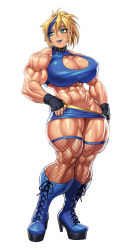 Rule 34 | 1girl, abs, biceps, birthmark, blonde hair, blue eyes, boots, breasts, extreme muscles, female focus, fingerless gloves, gloves, high heels, highres, large breasts, lipstick, makeup, muscular, muscular female, nail polish, piercing, solo, speh