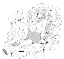 Rule 34 | 1girl, ;), angel, arm support, blood, blush, bucket, closed mouth, corpse, corpse party, full body, ge-b, greyscale, hair ornament, hairclip, halo, head tilt, kneehighs, loafers, long sleeves, monochrome, noose, one eye closed, school uniform, serafuku, shinohara seiko, shirt, shoes, sitting, sketch, skirt, smile, socks, solo, spoilers, waving, when you see it, wings