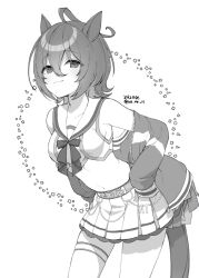 Rule 34 | 1girl, agnes tachyon (umamusume), ahoge, animal ears, bare shoulders, bow, breasts, cheerleader, closed mouth, collarbone, commentary request, cosplay, crop top, dated, greyscale, hair between eyes, horse ears, horse girl, horse tail, jacket, koruri, leaning forward, long sleeves, looking at viewer, medium breasts, midriff, monochrome, navel, nice nature (run&amp;win) (umamusume), nice nature (umamusume), nice nature (umamusume) (cosplay), off shoulder, open clothes, open jacket, pleated skirt, shirt, simple background, single thighhigh, skirt, sleeveless, sleeveless shirt, sleeves past fingers, sleeves past wrists, smile, solo, star (symbol), tail, thighhighs, twitter username, umamusume, white background