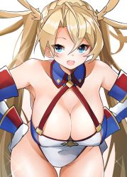 Rule 34 | 1girl, absurdres, bare shoulders, blonde hair, blue eyes, blush, bradamante (fate), bradamante (first ascension) (fate), braid, breasts, cleavage, crown braid, elbow gloves, fate/grand order, fate (series), gloves, hair between eyes, highleg, highleg leotard, highres, large breasts, leaning forward, leotard, long hair, looking at viewer, mizuno tera, open mouth, smile, solo, sparkle, thighs, twintails, very long hair