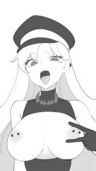 Rule 34 | 1girl, absurdres, bags under eyes, barbell piercing, breasts, breasts out, disgust, greyscale, hat, highres, large breasts, long hair, looking at viewer, milim nova, monochrome, nipple piercing, open mouth, original, peaked cap, piercing, simple background, solo, tongue, tongue out, tongue piercing, upper body, v, white background