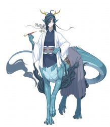 Rule 34 | 1boy, antlers, blue hair, claws, dragon boy, dragon tail, fangs, full body, green eyes, grey pants, hair over one eye, hakama, hand on belt, hand up, horns, japanese clothes, kimono, long hair, long sleeves, looking at viewer, male focus, monster boy, original, pants, pointy ears, short kimono, skin fangs, slit pupils, smile, solo, standing, t o illustvs, tail, taur, very long hair, walking, white background, wide sleeves
