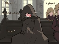 Rule 34 | 3girls, black cloak, blurry, blurry background, blush, centurii-chan (artist), cloak, commentary, day, depth of field, english commentary, english text, faceless, faceless female, heavy breathing, highres, hood, hood up, hooded cloak, indoors, multiple girls, nose blush, on bench, original, sexually suggestive, sitting, solo focus, trembling, wide-eyed, window