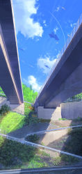 Rule 34 | bridge, chain-link fence, cloud, commentary request, contrail, day, fence, highres, hill, kimi no na wa., niko p, no humans, outdoors, overpass, perspective, railing, road, scenery, shade, signature, sky, street, sunlight, tree