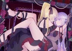 Rule 34 | 2girls, bare legs, black dress, black footwear, black gloves, black ribbon, blonde hair, blurry, closed mouth, commentary request, depth of field, dress, elbow gloves, eye contact, eyes visible through hair, flower, girl on top, gloves, hair between eyes, hair ribbon, highres, jewelry, leg ribbon, legs, legs up, light particles, long hair, looking at another, magia record: mahou shoujo madoka magica gaiden, mahou shoujo madoka magica, multiple girls, necklace, off-shoulder dress, off shoulder, paru rari, pearl necklace, ponytail, purple eyes, purple hair, red flower, red ribbon, red rose, ribbon, ring, rose, sheer gloves, smile, soft focus, sweatdrop, togame momoko, yakumo mitama, yuri