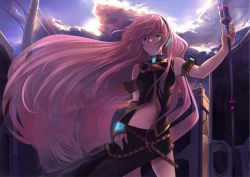 Rule 34 | 1girl, backlighting, blue eyes, cowboy shot, day, eyelashes, face, frown, glowing, long hair, megurine luka, microphone, microphone stand, midriff peek, navel, outdoors, pink hair, shirabi, skirt, sky, solo, very long hair, vocaloid