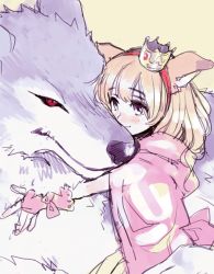 1girl amezawa_koma animal animal_ears animal_hug blonde_hair blush brown_eyes cape closed_mouth crown fingerless_gloves gloves hairband hug mini_crown original pink_cape pink_gloves smile solo wolf yellow_background