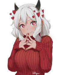 Rule 34 | 1girl, black horns, breasts, commentary, demon girl, demon horns, fikkyun, heart, heart-shaped pupils, helltaker, highres, horns, large breasts, long sleeves, looking at viewer, medium hair, modeus (helltaker), red eyes, red sweater, ribbed sweater, smile, solo, sweater, symbol-shaped pupils, upper body, white hair