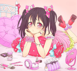 Rule 34 | 10s, 1girl, bad id, bad pixiv id, bed, black hair, bottle, bow, bracelet, candy wrapper, cosmetics, dress, earrings, hair bow, hair ornament, head rest, heart, heart-shaped pupils, heart hair ornament, high heels, highres, jewelry, lipstick, lipstick tube, looking at viewer, love live!, love live! school idol project, lying, makeup, makeup brush, mirror, on stomach, pillow, pink theme, platform footwear, platform heels, polka dot, red eyes, ribbon, ring, scrunchie, solo, strap slip, symbol-shaped pupils, twintails, wrist scrunchie, yazawa nico, yutsumoe