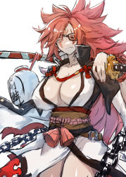 Rule 34 | 1girl, absurdres, amputee, baiken, big hair, black jacket, black kimono, breasts, chain, cleavage, eyepatch, guilty gear, guilty gear xrd, highres, jacket, jacket on shoulders, japanese clothes, katana, kimono, kongbai huanxiang, large breasts, multicolored clothes, multicolored kimono, one-eyed, open clothes, open kimono, pink eyes, pink hair, ponytail, samurai, sash, scar, scar across eye, scar on face, sword, thighs, weapon, weapon on back, white background, white kimono