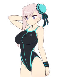 Rule 34 | 1girl, arm behind head, asymmetrical hair, bare shoulders, black one-piece swimsuit, blue eyes, blue one-piece swimsuit, blush, breasts, bright pupils, bun cover, chan co, closed mouth, clothing cutout, collarbone, cowboy shot, fate/grand order, fate (series), flat color, from side, hair between eyes, hair bun, highleg, highleg swimsuit, large breasts, long hair, looking at viewer, miyamoto musashi (fate), miyamoto musashi (fate/grand order), miyamoto musashi (swimsuit berserker) (fate), miyamoto musashi (swimsuit berserker) (first ascension) (fate), one-piece swimsuit, pink hair, side cutout, simple background, single side bun, solo, standing, swept bangs, swimsuit, thighs, two-tone swimsuit, white background, wristband
