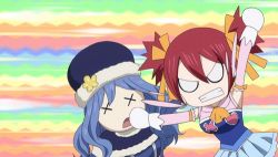 Rule 34 | 2girls, angry, animated, animated gif, blue hair, coat, fairy tail, fighting, gloves, hat, juvia lockser, long hair, lowres, multiple girls, red hair, sheria blendy, skirt, twintails