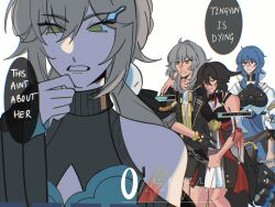Rule 34 | 4girls, anger vein, bare legs, bare shoulders, black gloves, black jacket, breasts, brown hair, bt79207, chinese clothes, closed eyes, closed mouth, commentary, detached sleeves, english commentary, english text, gameplay mechanics, gloves, grey hair, hand on own chin, health bar, highres, honkai: star rail, honkai (series), jacket, large breasts, long hair, medium hair, multiple girls, natasha (honkai: star rail), open clothes, open jacket, qingque (honkai: star rail), red eyes, shirt, simple background, speech bubble, stelle (honkai: star rail), out here living my best life (meme), tingyun (honkai: star rail), trailblazer (honkai: star rail), white background, white shirt, yellow eyes