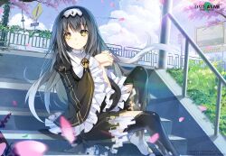 Rule 34 | 1girl, arusu marina, black dress, closed mouth, cloud, cumulonimbus cloud, date a live, date a live: spirit pledge, dress, falling petals, frilled dress, frills, gradient hair, hairband, long hair, long sleeves, looking at another, multicolored hair, official art, outdoors, petals, sitting, sitting on stairs, solo, stairs, stone stairs, white hairband, wide sleeves, yellow eyes
